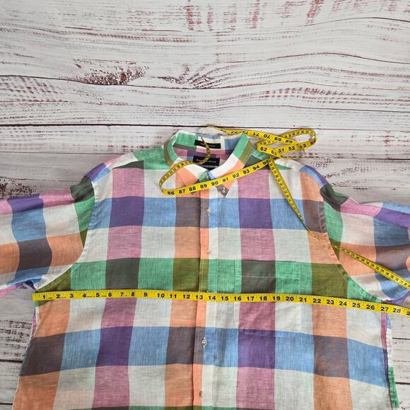 Paul Fredrick Pure Linen Classic Button Shirt 2XLT Vibrant Multi Rainbow Check - Picture 5 of 7